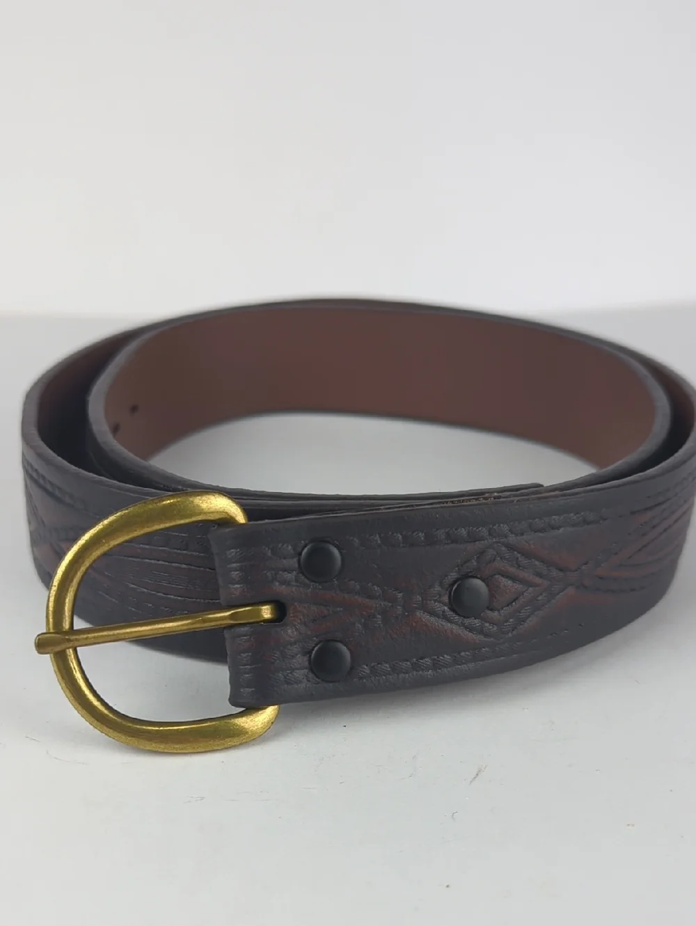 Classic Brown Embossed Leather Festival Belt with Brass Buckle